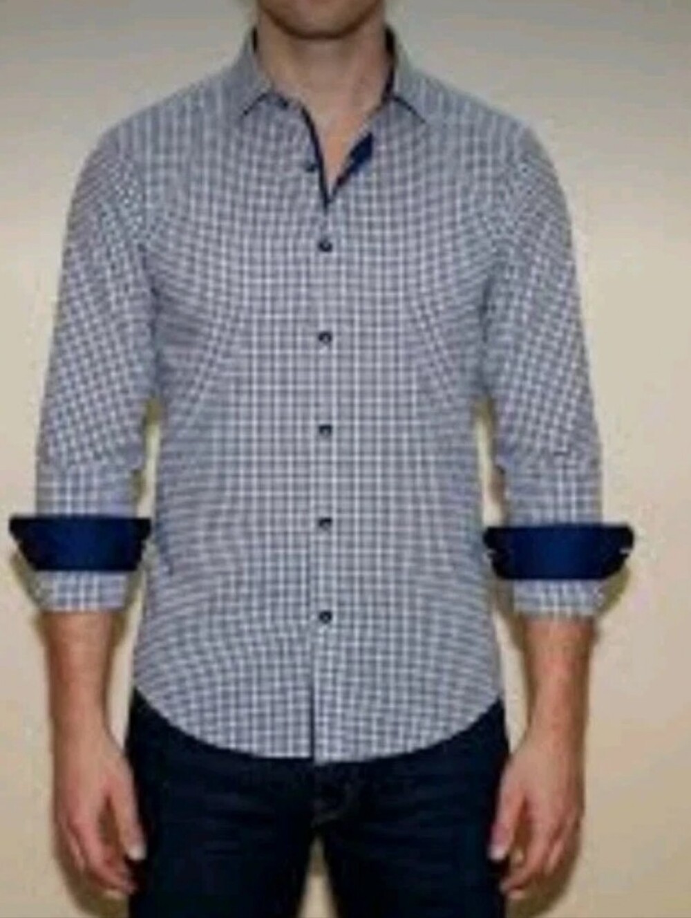 Levinas Tailored Fit Shirt Checkered White Navy Trim Long Sleeve Button 2XL